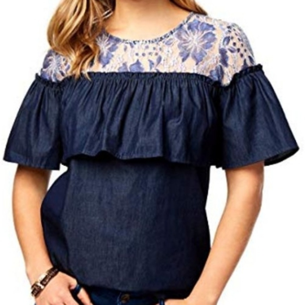 ** Kensie Lace Trim Chambray Blouse in Indigo Blue